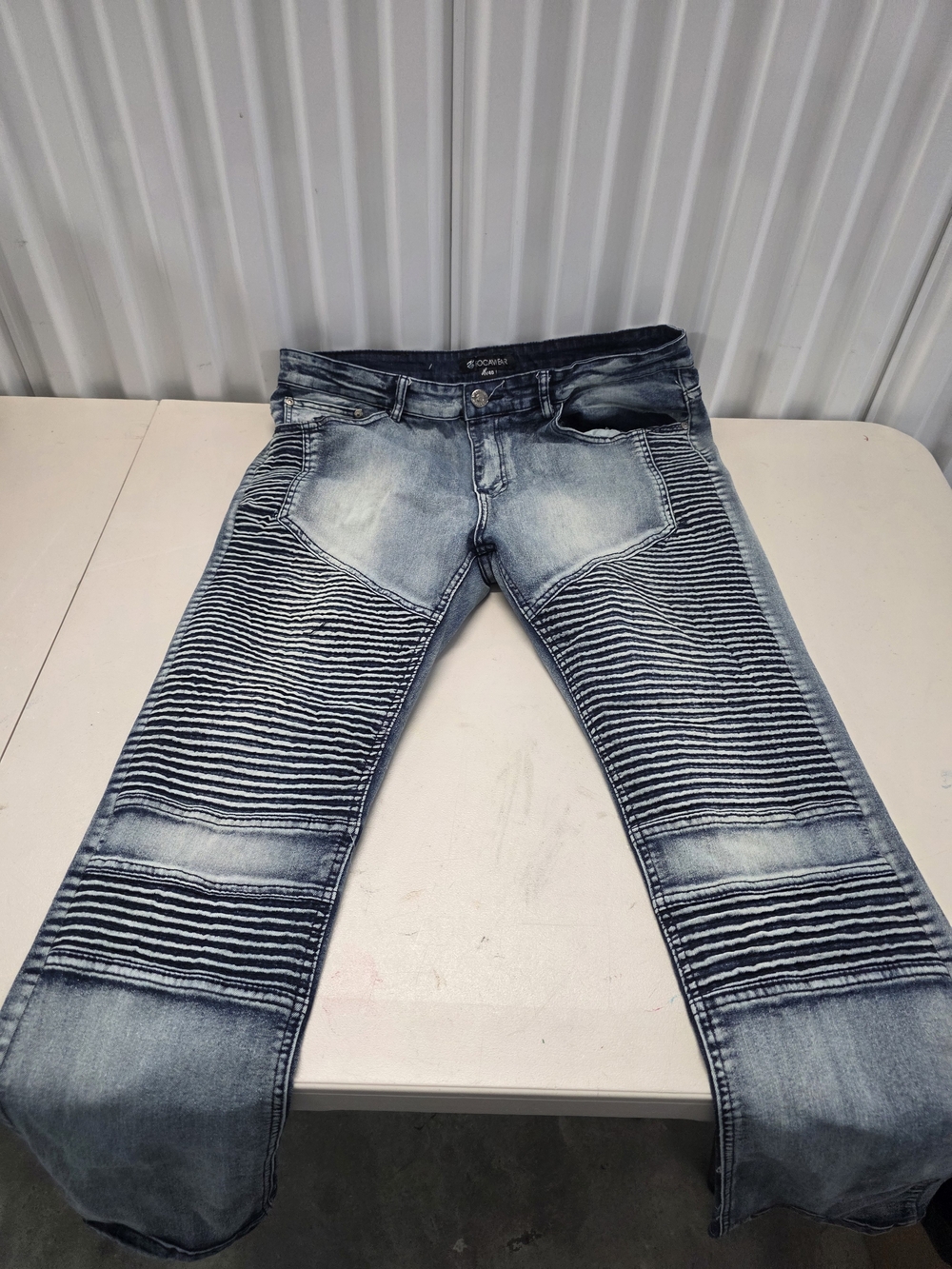 Rocawear Acid Wash Blue Distressed Moto Biker Ribbed Jeans Men's Size 40x32